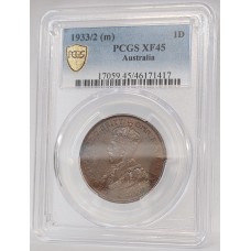 AUSTRALIA 1933/2 . ONE 1 PENNY . VARIETY . OVERDATE . PCGS XF45